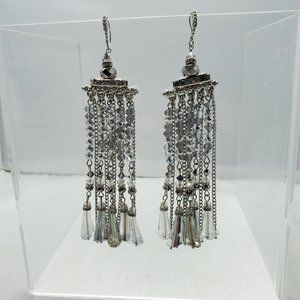 Ali Khan silver clear ripple long fringe glass bead earring